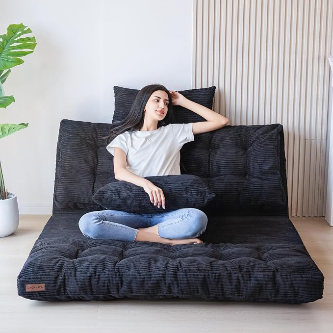 MAXYOYO Folding Sofa Bed, Tufted Bean Bag Bed with Pillows Floor Couch for Adults, Extra Thick and Long Floor Sofa, Full Floor Couch Bed for Bedroom Living Room, Black, 54x91 Inch