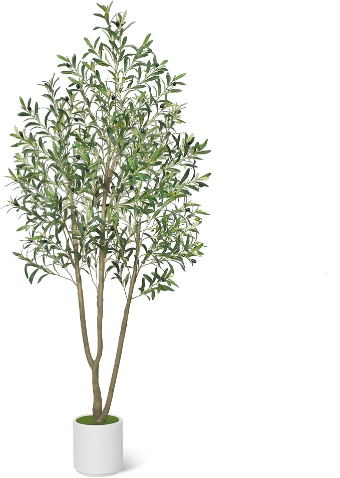 Timoo Faux Olive Tree 7FT Tall Olive Trees Artificial Indoor with White Tall Planter, Artificial Plants Indoor Faux Tree with Realistic Leaves and Fruits, Fake Plant for Home Office Decor
