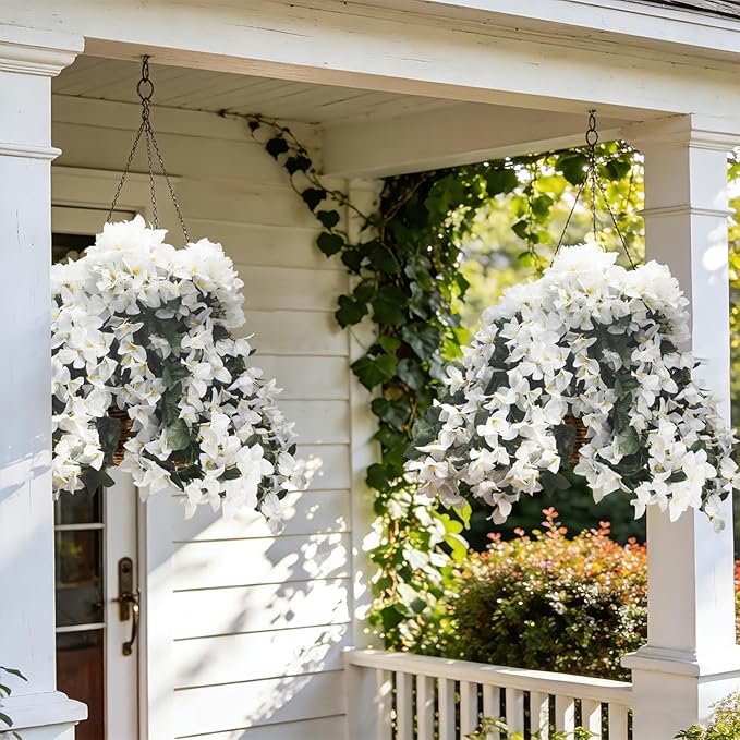 Grunyia Artificial White Bougainvillea Vine, 4 Pcs UV Resistant Fake Flowers Trailing Plant, Realistic Silk Leaves for Outdoor/Indoor Decor, Hanging Basket Wedding Arch Garden Home Decoration(White)