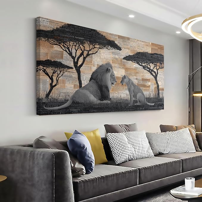 Ggaafet Lions Couple Wall Art for Bedroom Canvas Painting Prints Text Collage Style Male and Female Lion African Savannah Art Deco Retro Rustic Artwork Office Farmhouse Dining Room Decor