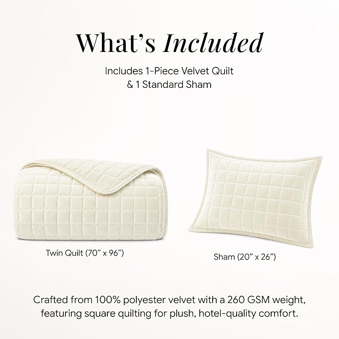 Tribeca Living Luxury Velvet Quilt Twin Size Set - 260GSM Ultra-Soft Oversized Velvet Bedspread Comforter Set with 1 Sham, in Florence Ivory