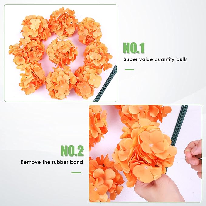 AVIVIHO 65pcs Fake Flowers Orange Hydrangea Artificial Flowers Bulk (Not Squished, No Steaming Need) Silk Flowers with Stems for Wedding Decor,Home,Baby Shower,Table Centerpieces Decoration