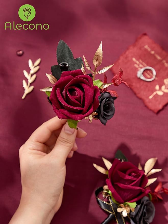 Alecono Boutonniere for Men, Set of 2 Burgundy and Black Boutonniere for Wedding Groom Bridegroom, Artificial Flowers for Prom Graduation Ceremony Anniversary