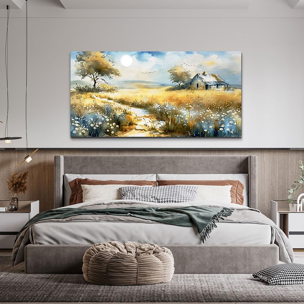 KELIYUAN Vintage Wildflower Field Landscape Painting Wall Art For Dining Room Kitchen Art Print Country Field Mural Wall Decoration For Farmhouse And Living Room Bedroom Home Decoration 20x40 In