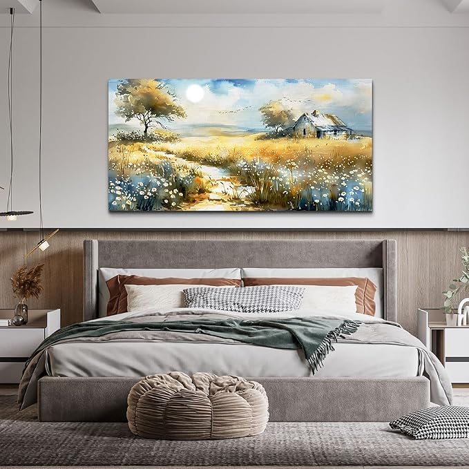 KELIYUAN Vintage Wildflower Field Landscape Painting Wall Art For Dining Room Kitchen Art Print Country Field Mural Wall Decoration For Farmhouse And Living Room Bedroom Home Decoration 20x40 In