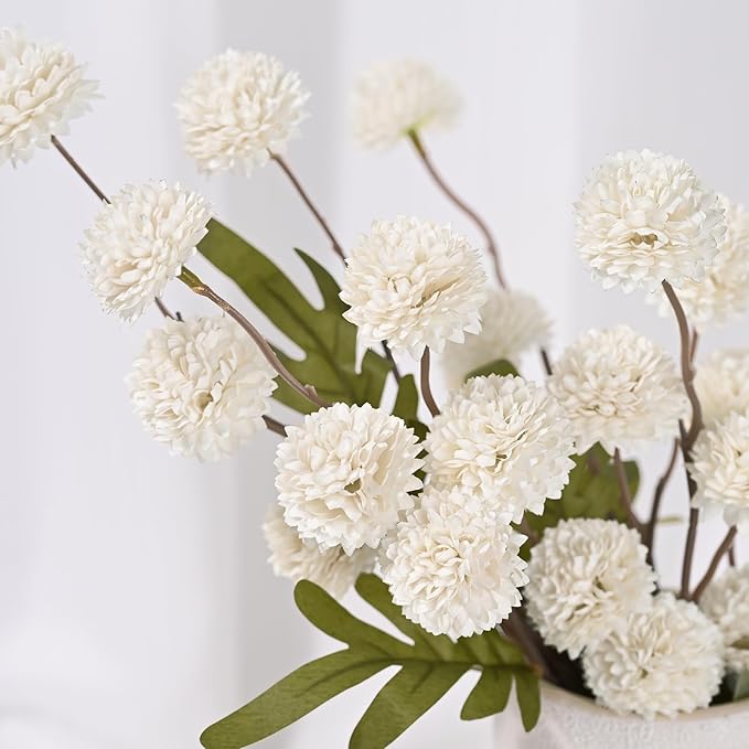 Waipfaru 10pcs Fake Silk Pompon Mum Artificial Flowers, Bulk Faux Mini Chrysanthemums, for Centerpieces Wedding Fillers Champagne Arrangements Shower Decorations, White