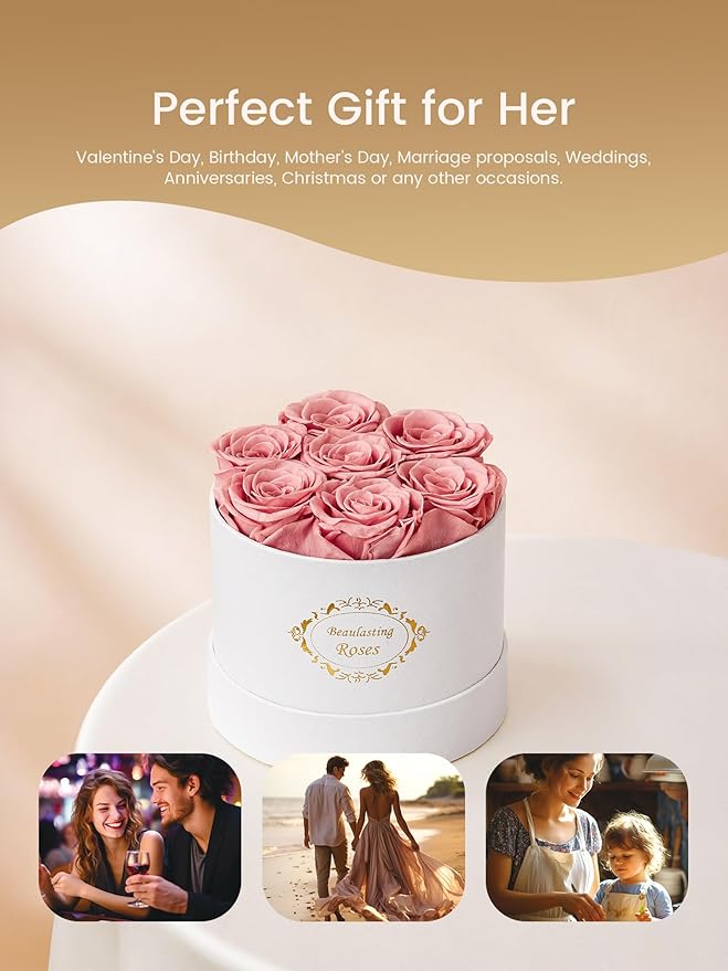 Beaulasting Long Lasting Preserved Roses in a Box Last a Year Forever Flowers for Her Mom Wife Anniversary Birthday (Round White Box, Dusty Pink)