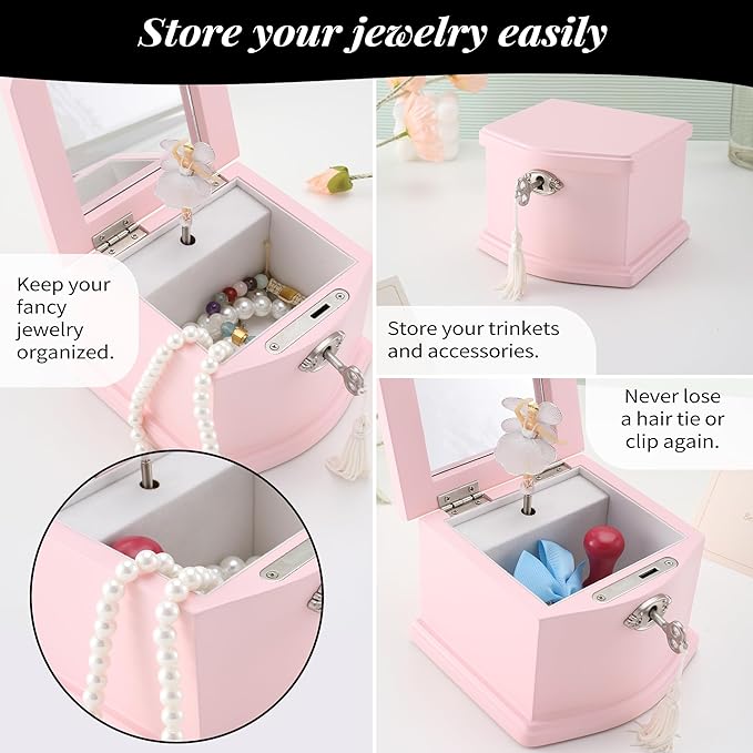Pink Small Ballerina Musical Jewelry Box with Mirror and Lock for Girls，Pink Kid's Jewelry Storage Music Chest,Gift for Christmas,New Year,Birthday