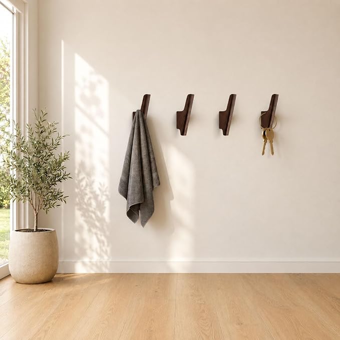 Wood Wall Hooks 4 Pack - Walnut-Toned Wall Mounted Coat & Towel Hooks | Entryway hallway bedroom bathroom, hat key towel hanger, single-screw install, wood-grain finish, space-saving organizer