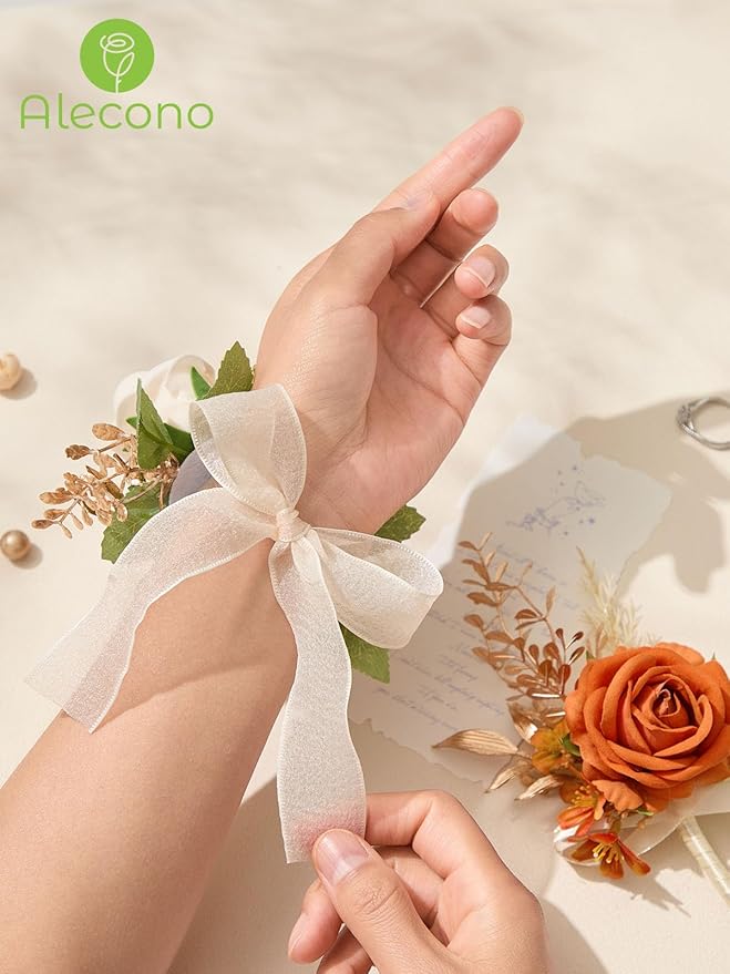 Alecono Orange Corsage and Boutonniere Set, Rose Corsage Wristlet for Women and Boutonniere for Men Wedding Prom Flower Accessories Suit Decorations