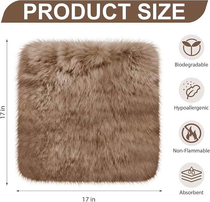 Drydiet 2 Pcs Natural Sheepskin for Bed Sores and Skin Imitation Wool Medical Sheepskins with Non-Slip Back for Pain Relief and Discomfort, Wool Seat Pad, 17 in x 17 in (Square,Coffee Color)
