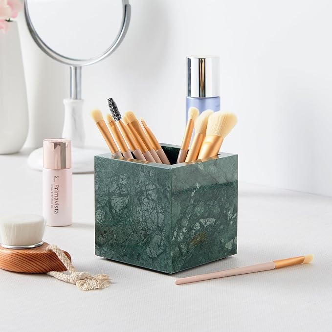 Real Luxurious Natural Marble Toothbrush Holder & Makeup Brush Organizer & Pen Holder for Desk,3.93inch Square Marble Utensil Holder Non-Ceramic/Non-Resin （Green）