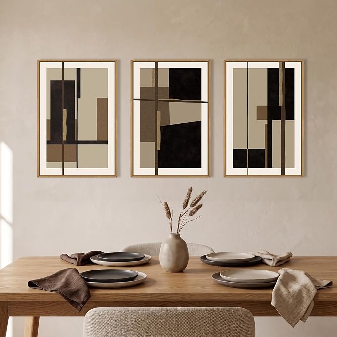 Abstract Shapes Framed Canvas Wall Art Set, Mid-Century Black Polygon Wall Decor, Black Brown Irregular Painting, Neutral Modern Art Print for Living Room, Dining Room, Office - 24"x36"x3
