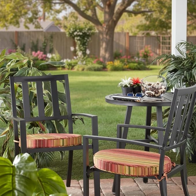 Set of 2 Outdoor 18 inch Round Patio Dining Chair Pads – Comfortable Fiber-Filled Seat Cushions with Ties, Reversible Polyester Fabric, Kinnabari Stripe