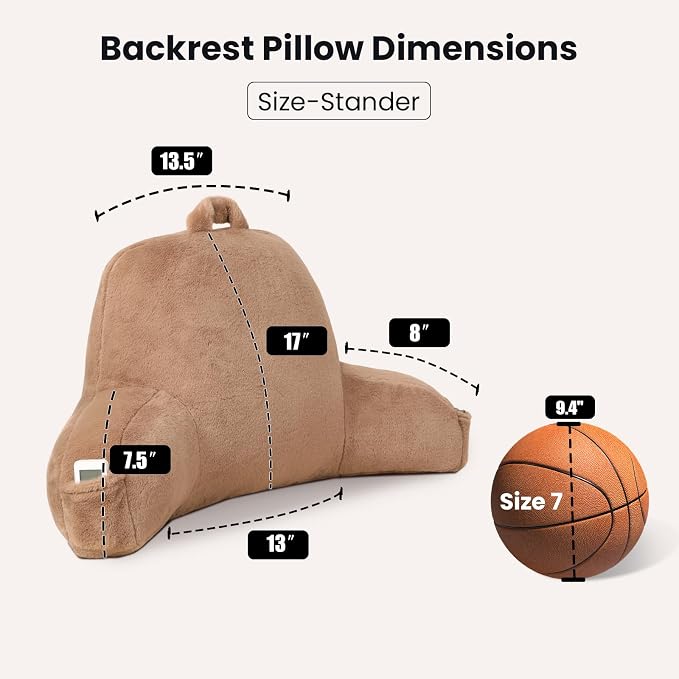 Soft Reading Pillow for Bed with Arms,Middle,Khaki,Faux Fur | 17" Backrest with Arms for Gaming & Lounging,Oeko-TEX Certified Plush Back Pillow for Teens Room