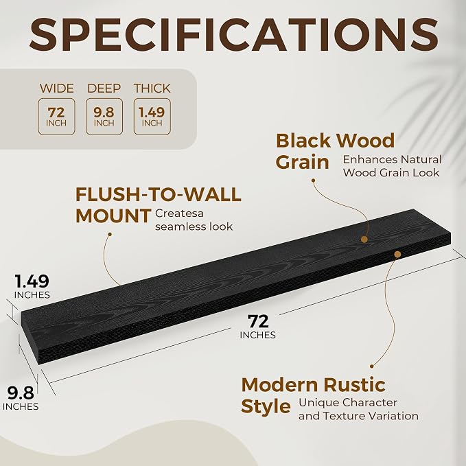Dreamland 72Inch Black Floating Shelves 9.8" Deep Wall Mounted Set of 2 | Wall shelves for bathroom, bedroom, Living Room, kitchen, deep wall mount wood storage display for home decor 72" x 9.8"
