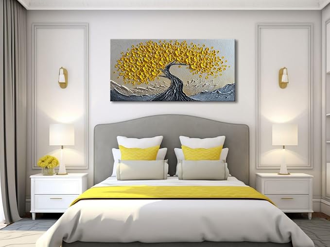 zoinart 3D Oil Paintings, 24"x48", Texture Yellow Tree Wall Art, Abstract Floral Painting Home Decorations Contemporary Art for Living Room Bedroom Office Kitchen Wall Decor