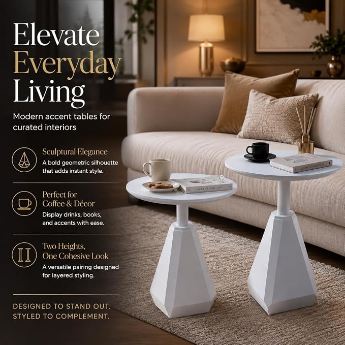 Round Wood Side Table, Set of 2, Coffee Nightstand Cocktail Drink Modern Accent Circle End Table, Wood Pedestal Base for Living Room, Bedroom, Small Spaces, Offices, Ivory