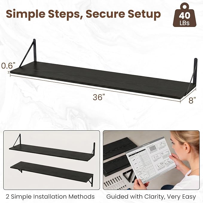 Vivelove Black Deep Floating Shelves for Wall, 36W x 8D Wood Wall Shelves Set of 3, Wide Floating Bookshelf for Living Room, Kitchen, Office, Bedroom and Decor Storage, with Metal Bracket - Black