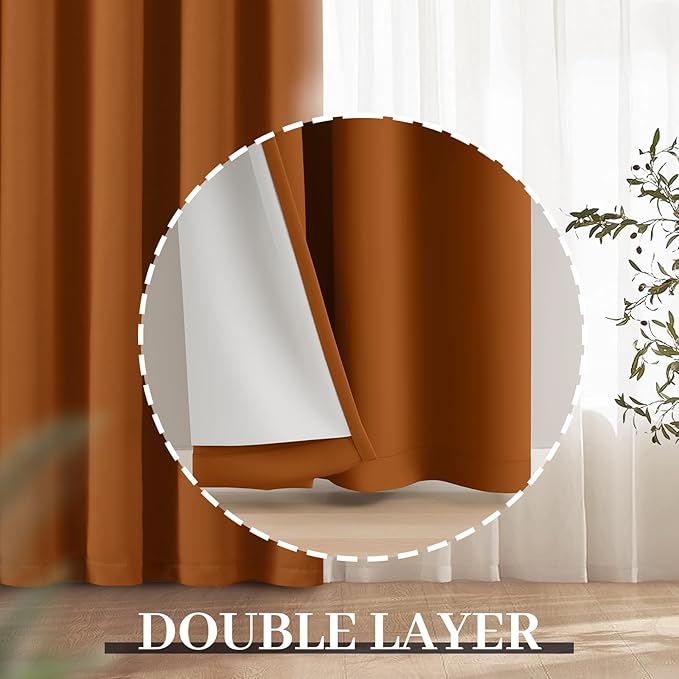 Yakamok Room Darkening 100% Blackout Curtains Grommet Window Treatments with 2 Thick Layers-Burnt Orange Thermal Insulated Drapes Set of 2 Panels for Bedroom Living Room 52 Inches by 72 Inches Length