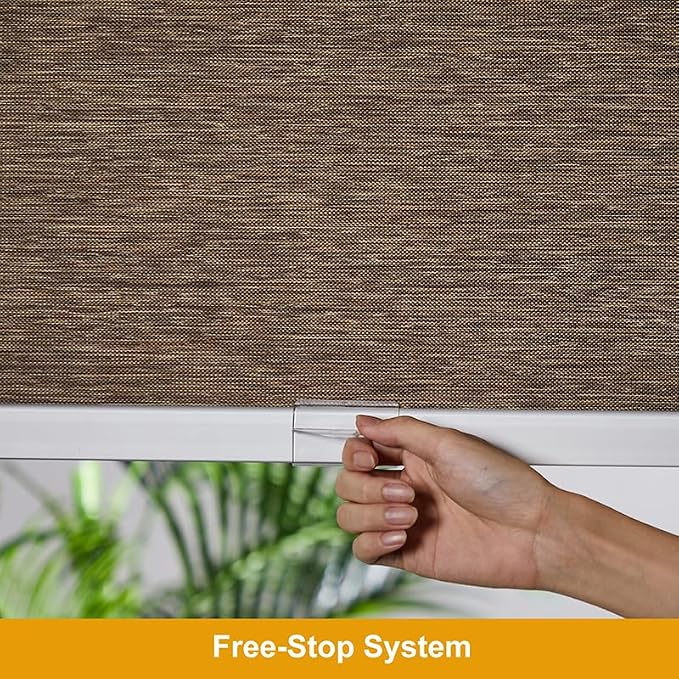 Persilux Free-Stop Cordless Roller Window Shades Light Filtering Roller Blinds for Windows (Brown 34.5" W x 72" H) Natural Woven Fabric UV Protection Thermal Insulation Roller Shades for Windows Home