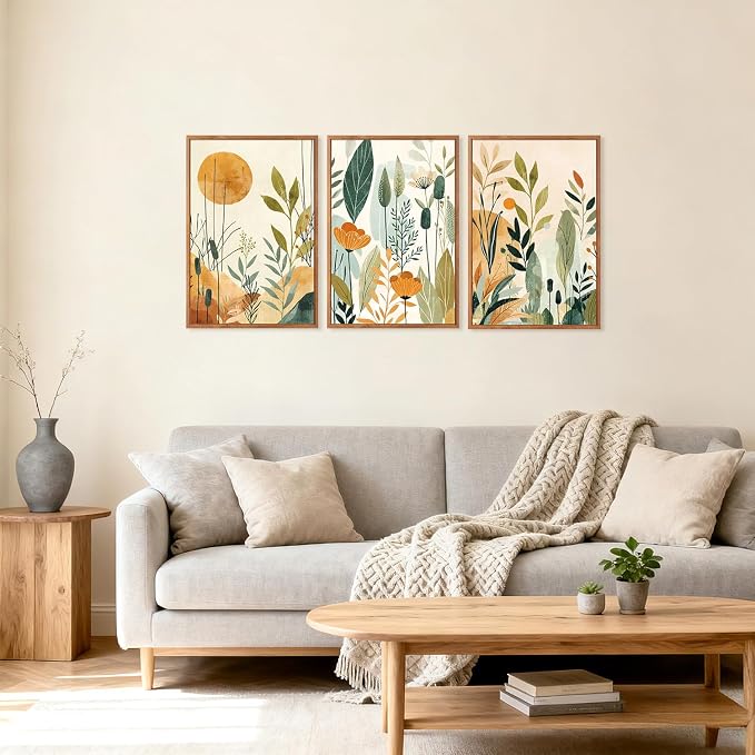 CHDITB Boho Botanical Framed Canvas Wall Art Set, Minimalist Nature Plant Wall Decor, Abstract Sun and Wildflower Painting, Neutral Green Plant Art Prints for Living Room Bedroom Kitchen 16"x24"x3