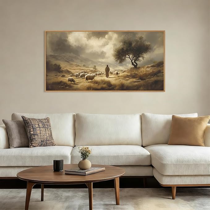 HPNIUB Neutral Jesus Leaves the 99 Sheep Framed Wall Art Set,Easter Lost Lamb Christian Religious Wall Decor, Vintage Inspiring Good Shepherd Artwork for Church Room Christian Faith Gift-20''x40''