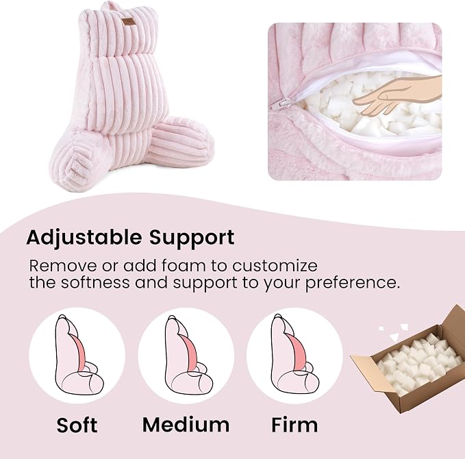 Amélie Home Faux Fur Reading Pillow with Pocket for Sitting in Bed, Adult Backrest Bed Pillow with Washable Cover for Lounging, Watching TV/Gaming/Resting/Post/Surgery/Nursing, Light Pink 29 inches