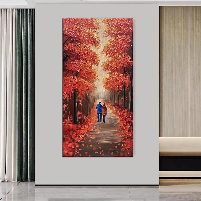 Autumn Forest Path Canvas Wall Art, Red Fall Trees Oil Painting, Large Modern Textured Artwork