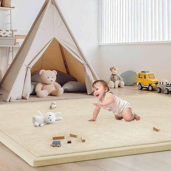 Baby Play Mat for Floor Nursery Rug Muscle Mat Area Rug Playroom Rug 79"x118" Playpen Mat Elastic Foam 1.3" Thick Crawling Mat for Babies,Toddlers, Infants, Kids,Light Beige
