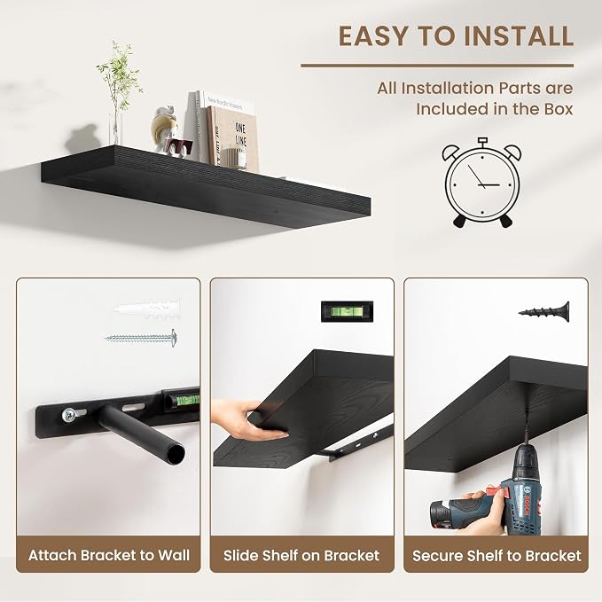 Dreamland 8" Deep Long Floating Shelves, 32 Inches Floating Shelves for Wall Set of 2, Large Display & Storage Shelf, Wall Shelf for Bathroom Bedroom Living Room Kitchen Office, Black