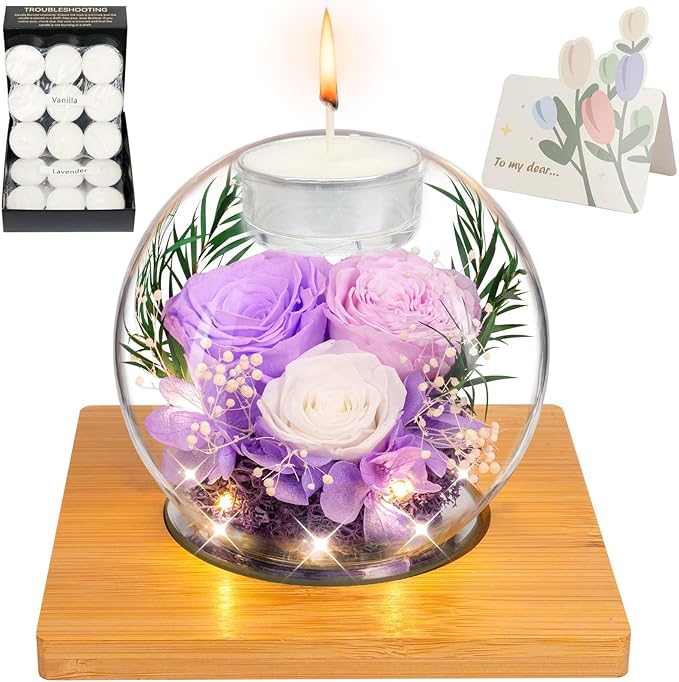 Preserved Light Purple Real Rose in Glass with Scented Candles–Forever Flower Romantic Anniversary Mothers Day Christmas Birthday Valentines Day Gifts for Her, Women, Wife, Girlfriend, Mom, Grandma