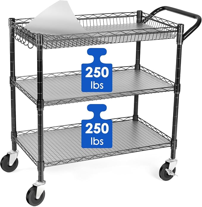 WDT Heavy Duty 3 Tier Utility Cart,Wire Rolling Cart with Wheels, Commercial Grade Service Cart with Shelving Liners and Handle Bar Metal Carts for Kitchen Office Hardware