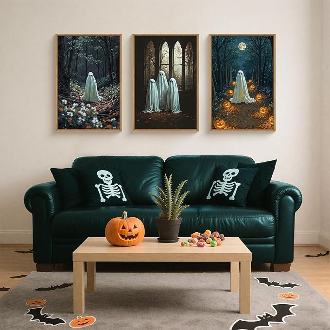 Ausril Vintage Halloween Cute Ghost Framed Wall Art Set, Scary Forest Pumpkin Wall Decor, Horror Moon Night Wall Painting, Gothic Spooky Art Print for Living Room, Bedroom, Party, Basement -16''×24''×3