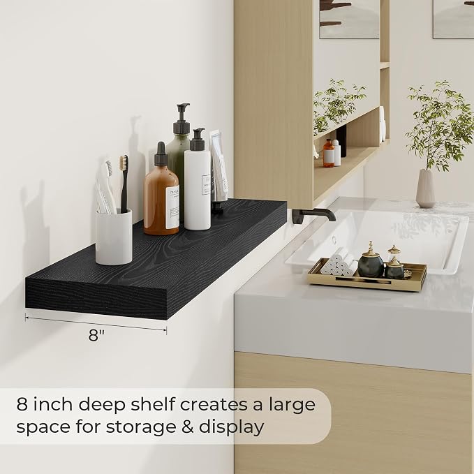Dreamland 30Inch Black Floating Shelves 8" Deep Wall Mounted Set of 2 | Wall shelves for bathroom, bedroom, Living Room, kitchen, deep wall mount wood storage display for home decor 30" x 8"