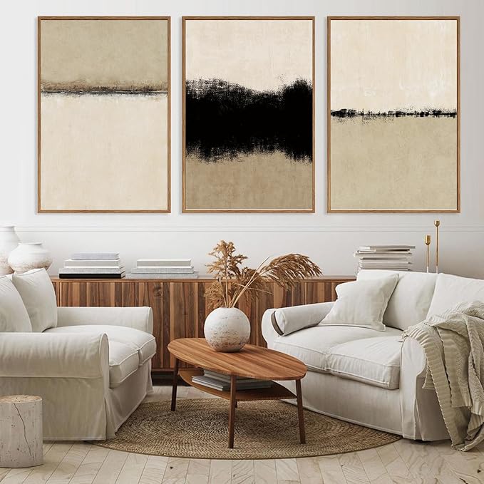 SIKERIC Large Abstract Textured Wall Art Set of 3, Minimalist Beige Framed Canvas Art Painting, Modern Textured Art Print, Neutral Paint Stroke Home Decor for Dining Room,Living Room, Office-16x24