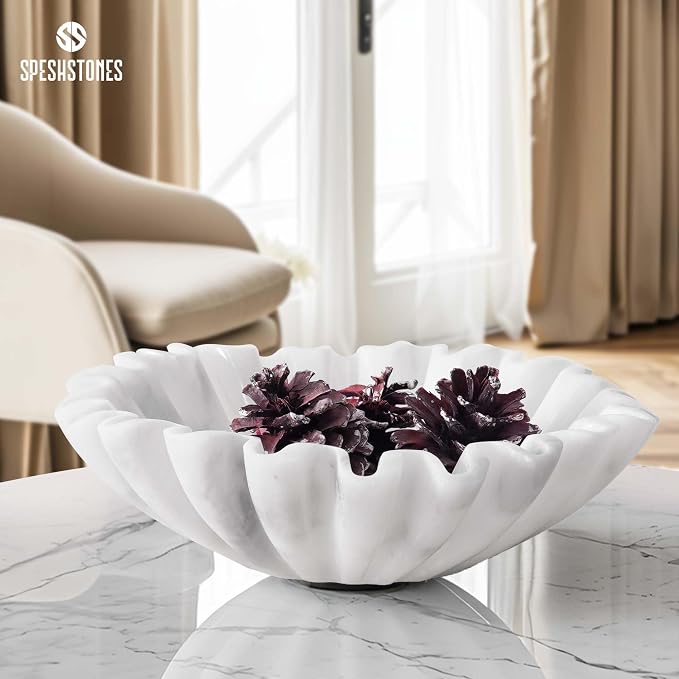 Marble Decorative Bowl Handmade 8 Inch White Ruffle Bowl, Fruit Bowl for Kitchen Counter, Large Scalloped Bowls for Housewarming Gifts, Modern Fluted Bowl for Home Decor