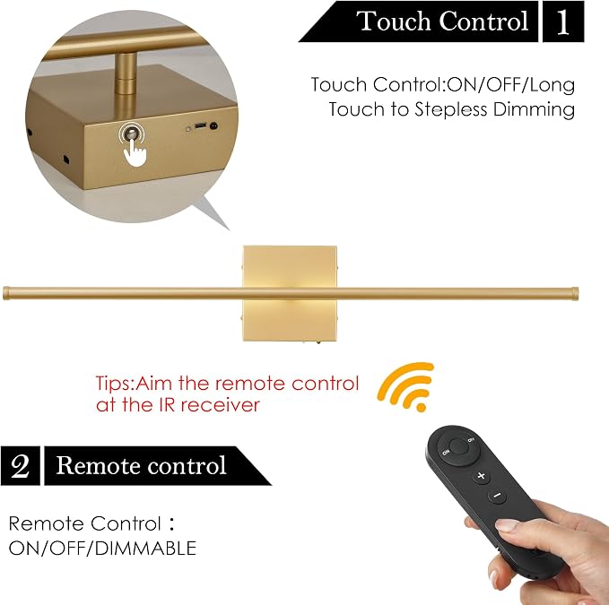 KARTOOSH 24.4 Inch Wall Sconces Battery Operated for Living Room Gold | Rechargeable Wireless Wall Lamp Set of 2, 3000K Warm White Dimmable Wall Light Remote Control Indoor Lighting for Bedroom