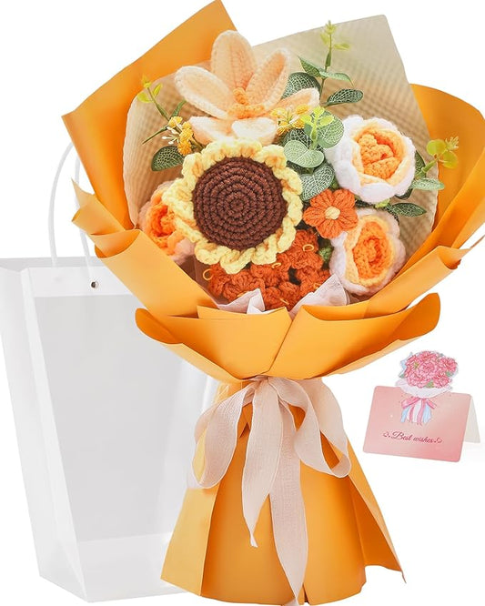 Alecono Crochet Flower Bouquet, Orange Knitted Flowers, Crochet Sunflower Flower for Lover Valentines Day Anniversary Birthday Party Mother's Day Graduation Gifts (Include Card)