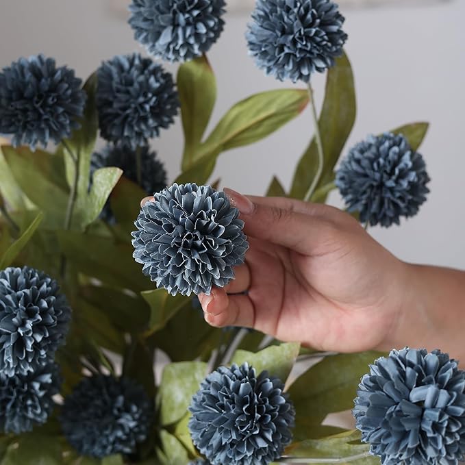 VIERENA 12 Pcs Faux Silk Pompon Mum Artificial Flowers for Vase -27", Bulk Fake Chrysanth Branches with Stems for DIY Bouquet Centerpieces Wedding Fillers Arrangements Shower Decorations (Dark Blue)