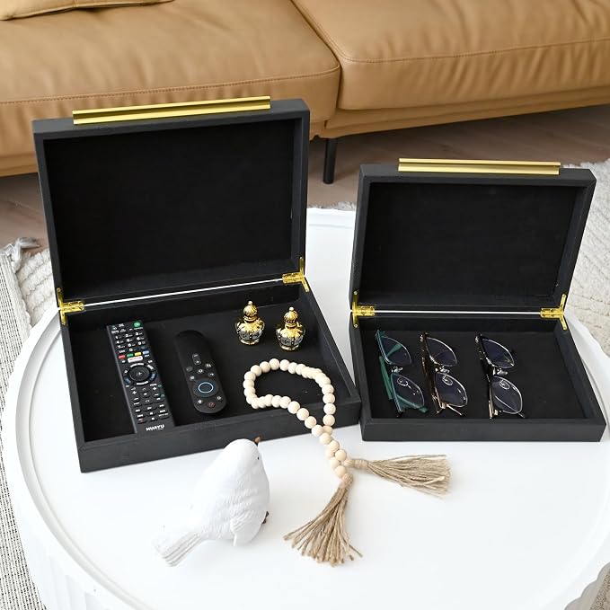DECOR4SEASON Faux Shagreen Leather Jewelry Boxes Set of 2 with Gold Handles, Decorative Organizer Storage Box for Rings, Earrings, Watches, Dresser, Vanity, Stackable, Black
