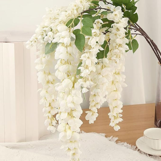 4pcs 47.2-inch Artificial Fake Wisteria Hanging Flower Garland Silk Flower String Home Party Decoration White Blue Pink Purple (White)