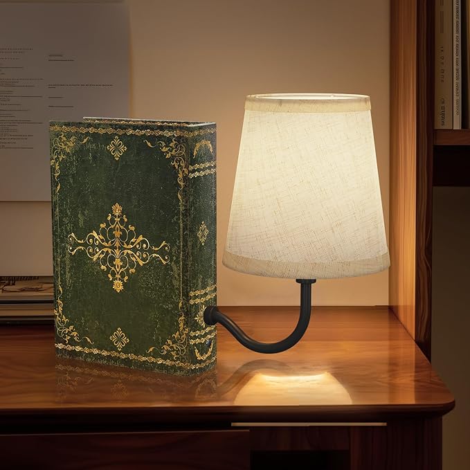 Vintage Bookshelf Lamp Rechargeable, Cordless | Linen Shade, Dimmable Touch Control, Modern Decorative Bookend, Book Lamp Design