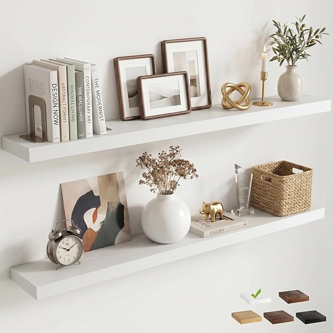 Venusmiles Floating Shelves for Wall, 48 Inch Floating Shelves Set of 2, 6.5" D Wooden Wall Mounted Display Shelves with Invisible Brackets for Living Room, Bedroom, Bathroom, Kitchen Decor, White