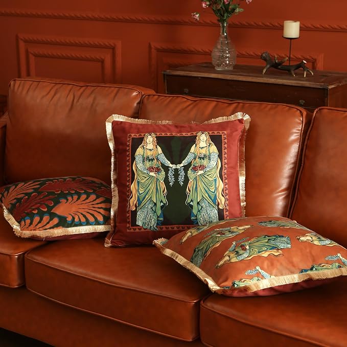 patdrea Designer French Velvet Throw Pillow Cover,Set of 4,-Oldlegend | Elegant Lumbar Pillow Case,Fringe Trim,Classic Art PatternDecor Cushion Coverfor Couch Living Room Bedroom Sofa
