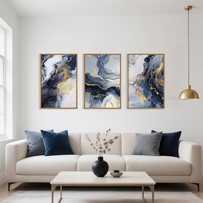Navy Blue and Gold Framed Canvas Wall Art Set,Mid-Century Modern Abstract Wall Decor,Navy Blue Ink Wash Painting,Neutral Art Print for Living Room,Bedroom,Dining Room,Office - 24"x36"x3