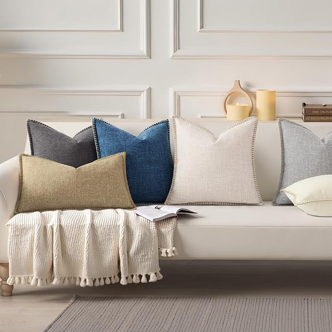 decorUhome Summer Decorative Throw Pillow Covers 12x20 Set of 2 Lumbar Faux Linen Outdoor Neutral Farmhouse Pillow Covers with Stitched Edge for Couch Sofa Living Room, Light Grey