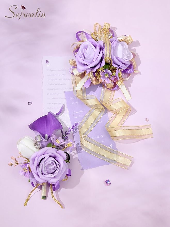 Serwalin Purple Prom Corsage and Boutonniere Set, Artificial Calla Lily Rose Wrist Corsage Wristlet for Homecoming, Formal Dance, Wedding Flowers Accessories Party Suit Decorations