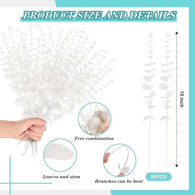 Canlierr 50 Pcs Eucalyptus Stems Faux Greenery Artificial Eucalyptus Leaves Decor Greenery Stems Branch for Wedding Centerpiece Flower Bouquet Farmhouse Home (White)
