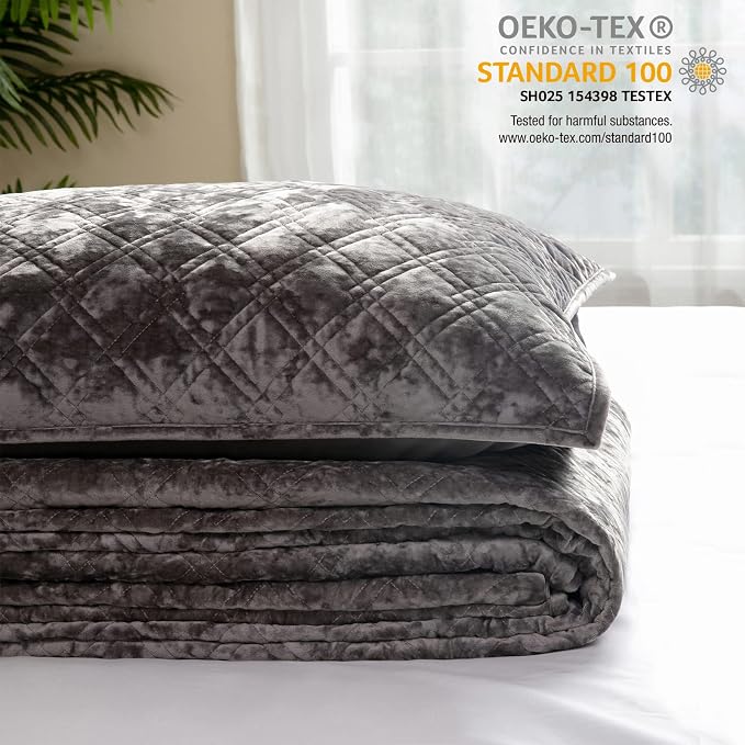 ELEGANT LIFE HOME Luxury Washed Crushed Velvet Diamond Stitching Bedding Quilt Set with Matching Sham, Full/Queen (90 in x 92 in /1+20 in x 26 in /2), 3 Piece, Charcoal Gray